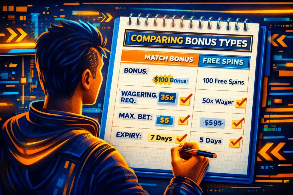 Player comparing bonus types in a simple notes table