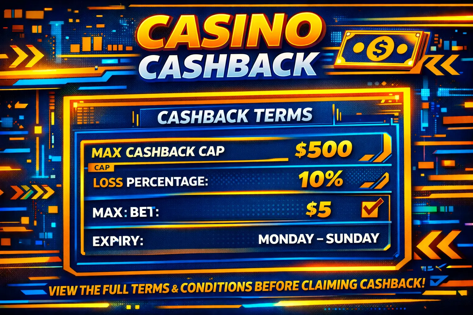 Casino cashback terms page with highlighted caps and window