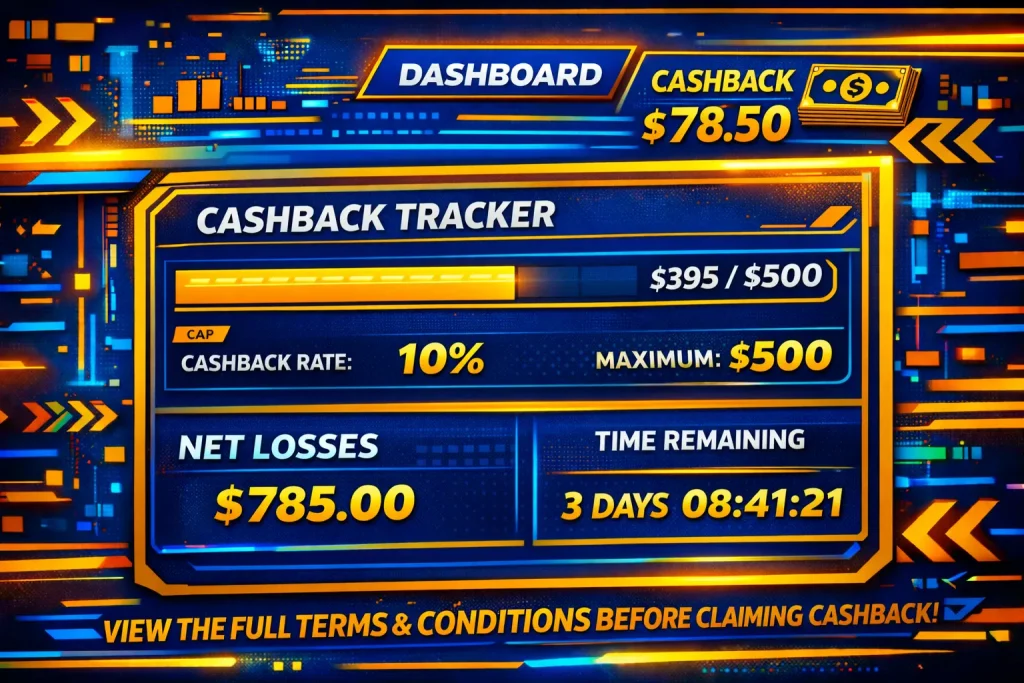 Dashboard showing casino site cashback tracker, net losses, and timer