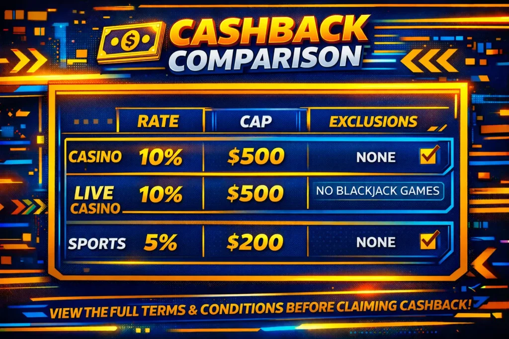 Simple table comparing cashback rates, caps, and exclusions