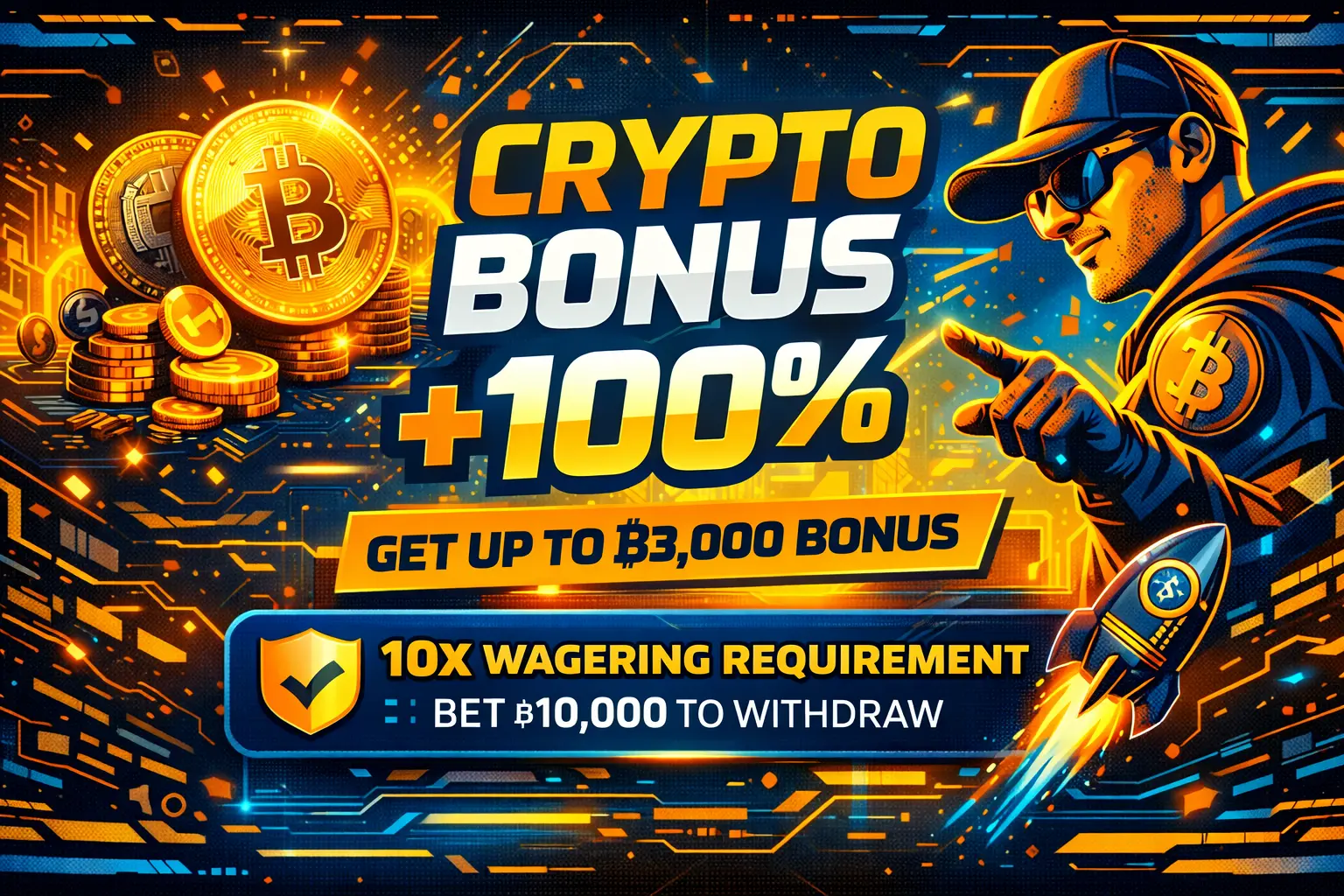 Crypto bonus banner with clear wagering requirement details.