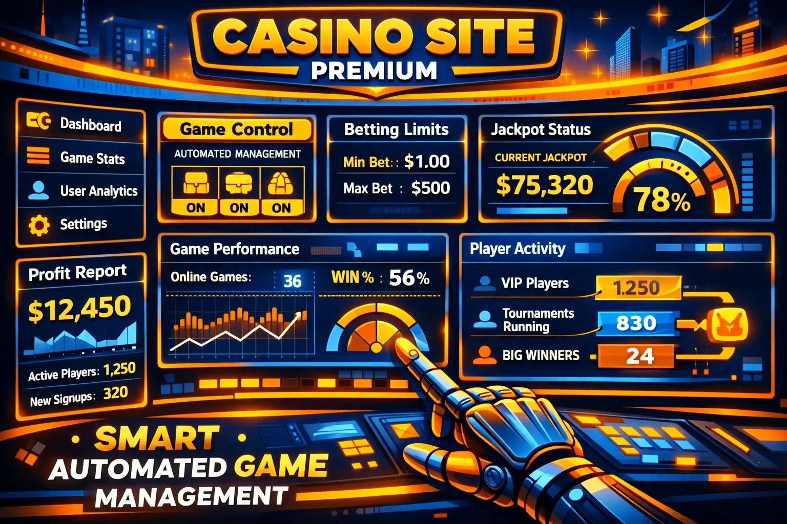 Casino Site Premium dashboard showing smart automated game management