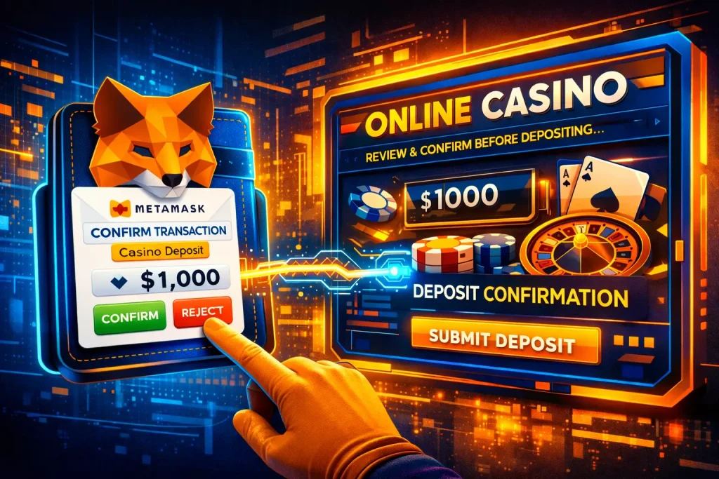 Confirming Casino Site MetaMask transaction before casino deposit is submitted.