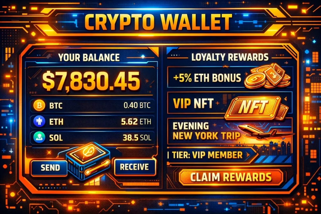 Crypto wallet and loyalty rewards summary screen view