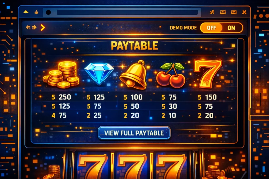 Browser showing demo mode toggle and paytable panel