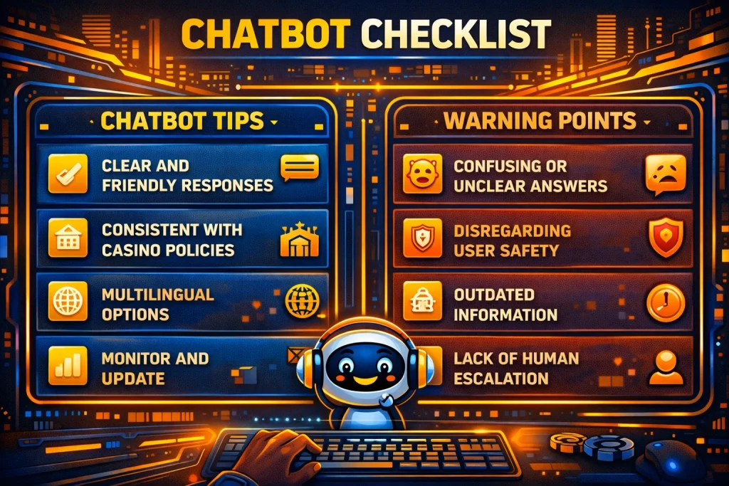Checklist of chatbot tips and warning points.