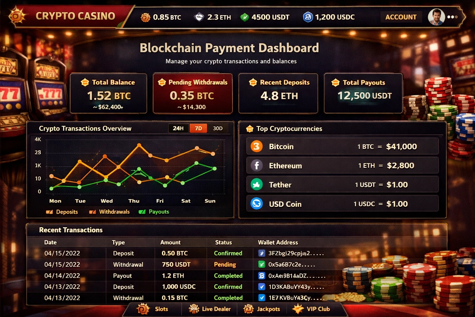 Casino site Blockchain payment dashboard on online casino platform