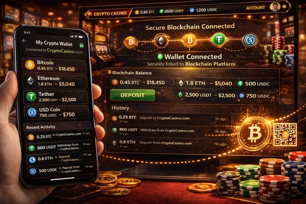 Mobile wallet connected to secure casino site blockchain platform