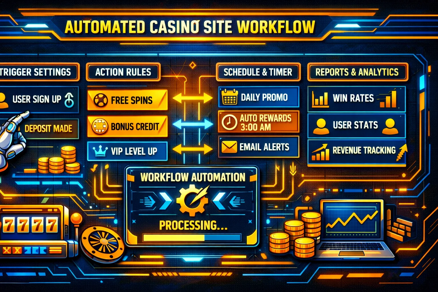 Dashboard showing automated casino site workflow settings