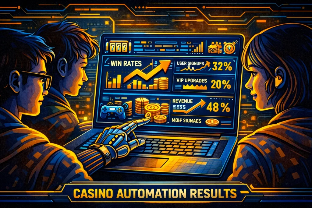 Team reviewing casino automation results on laptop