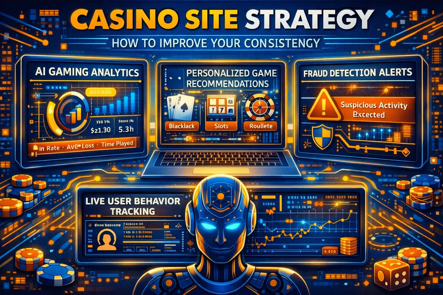 Casino Site Strategy themed futuristic casino dashboard showing AI-driven gaming analytics