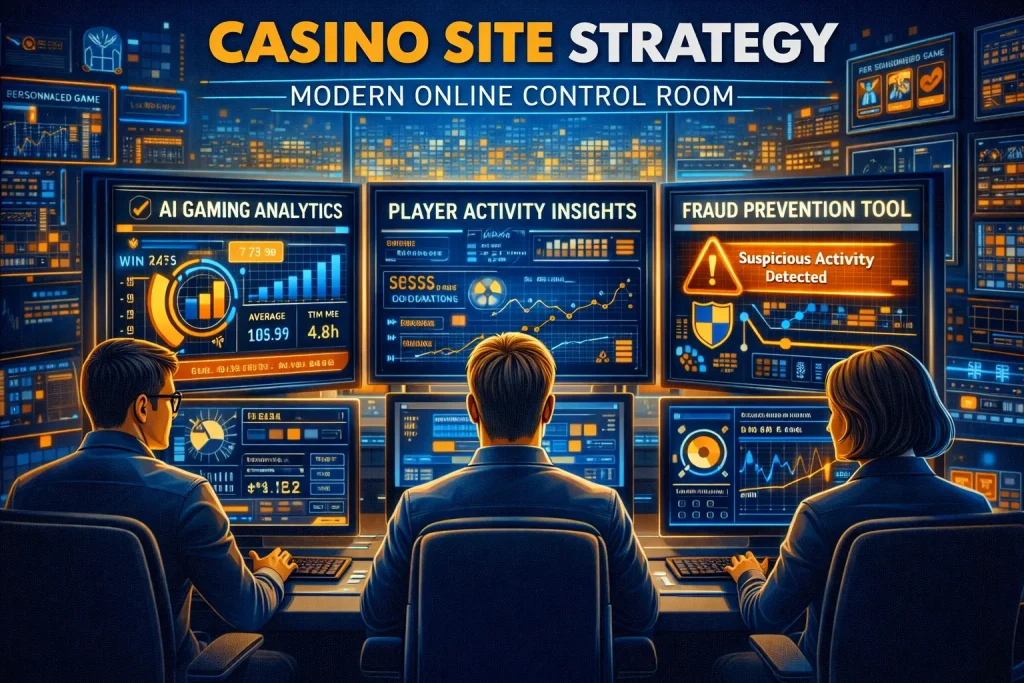 Editorial-style Casino Site Strategy illustration of a modern online casino control room