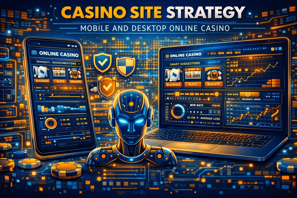 Casino Site Strategy concept art featuring a mobile and desktop online casino platform