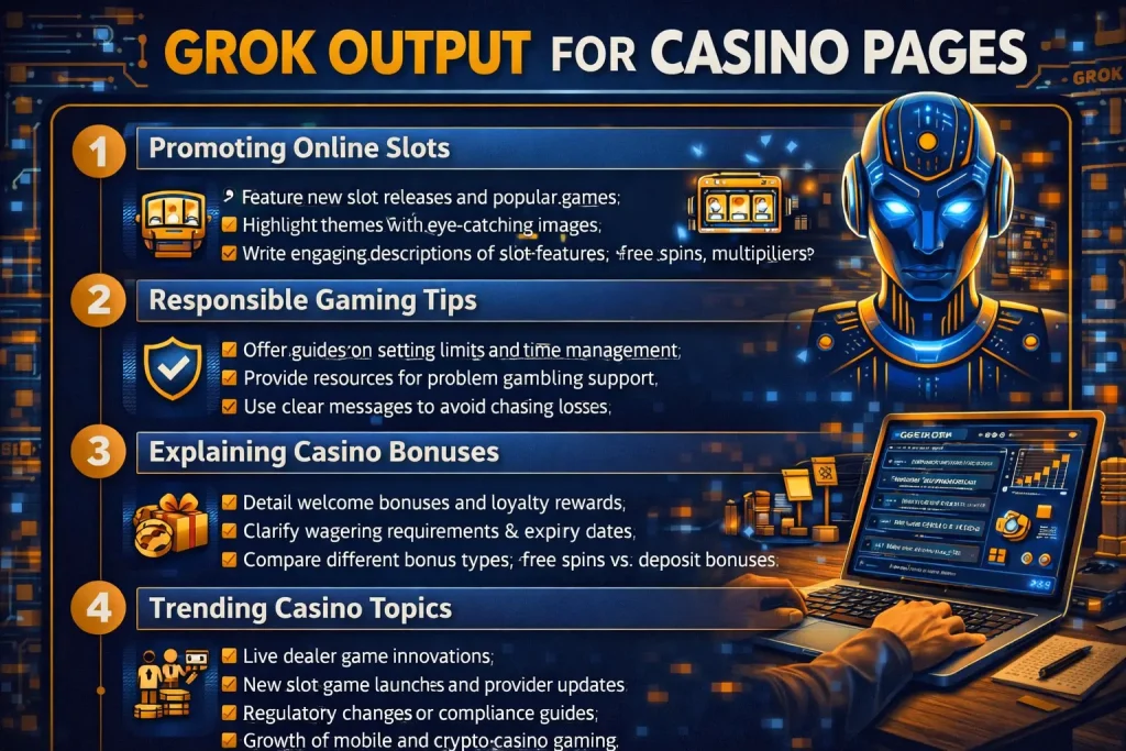 Step guide showing Casino Site Grok output for casino pages.