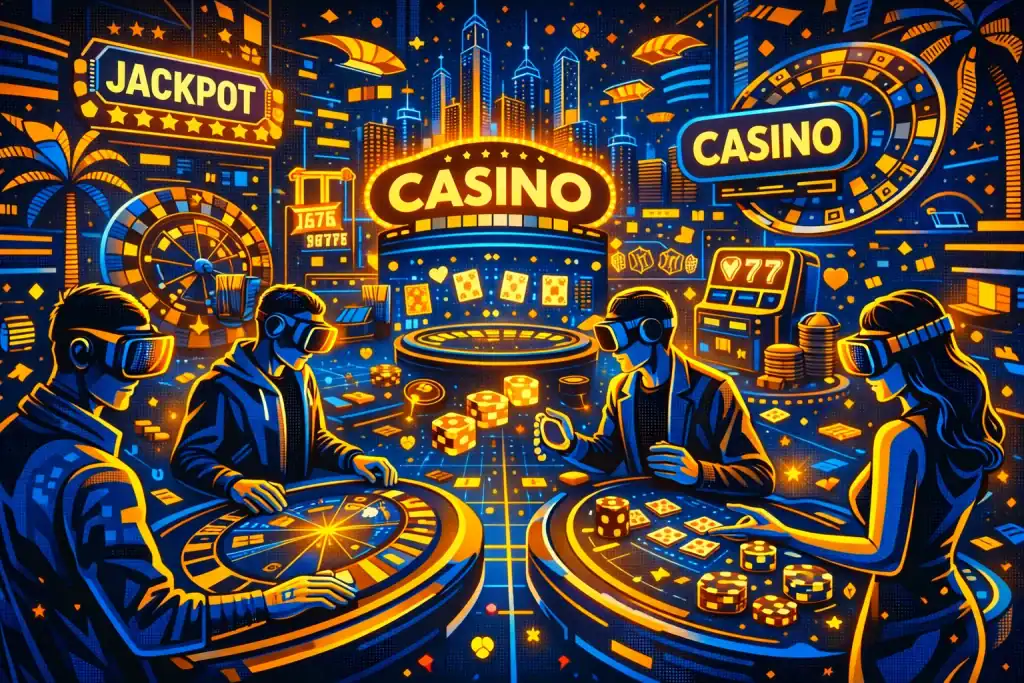 A group of people exploring a metaverse casino lobby