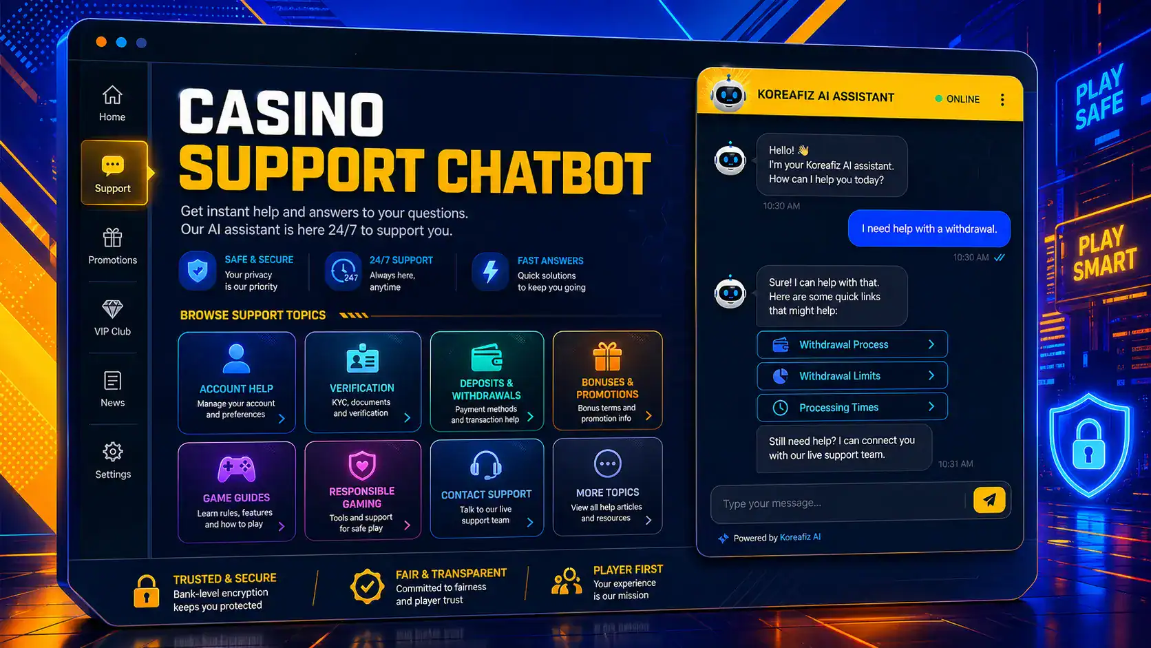 Casino Site Chatbot interface helping users navigate support topics on an informational casino website