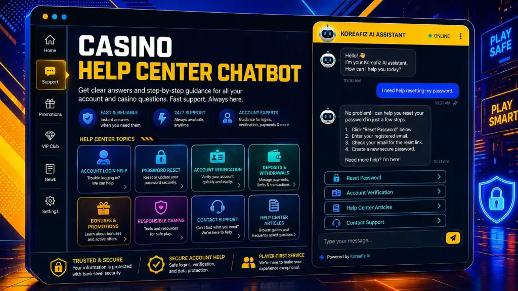 Casino Site Chatbot answering common account and help center questions clearly