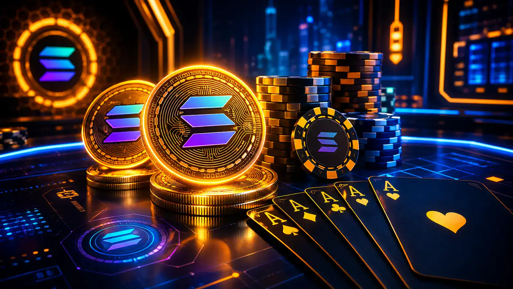 Casino site solana concept showing glowing Solana coins beside poker chips