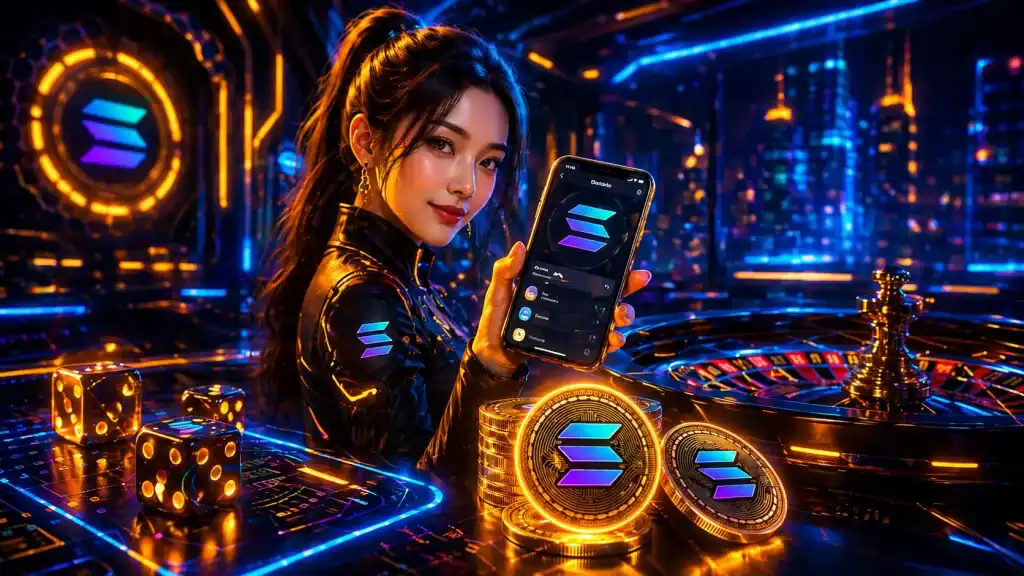 Casino site solana illustration with a player holding a mobile crypto wallet