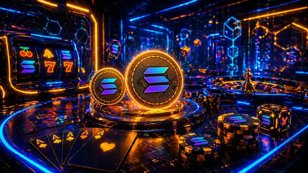 Casino site solana visual featuring a neon casino room with Solana coin symbols