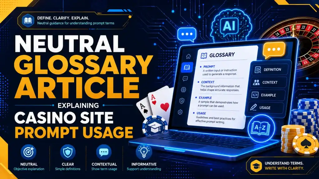 Writer organizing neutral casino site prompt notes for glossary content