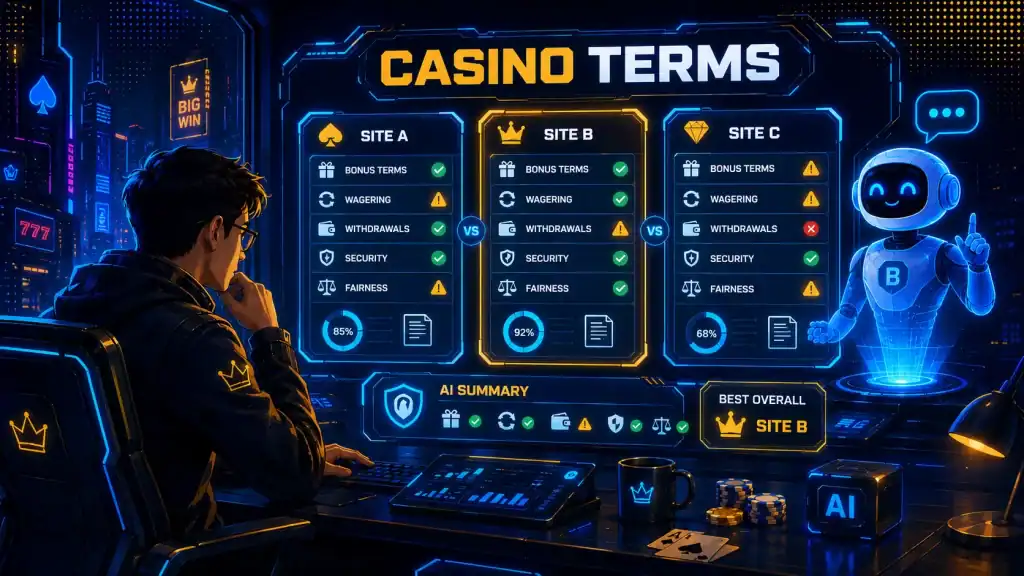 Researcher comparing casino site bard terms with AI assistance