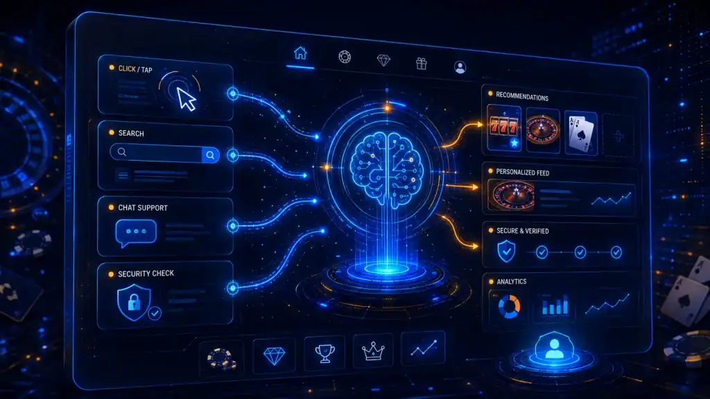 Illustration of user interaction signals moving through an AI system, including clicks