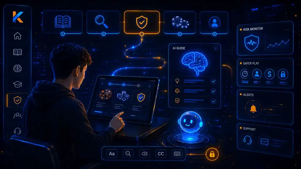 Educational digital scene showing a reader navigating casino-related information with AI guidance