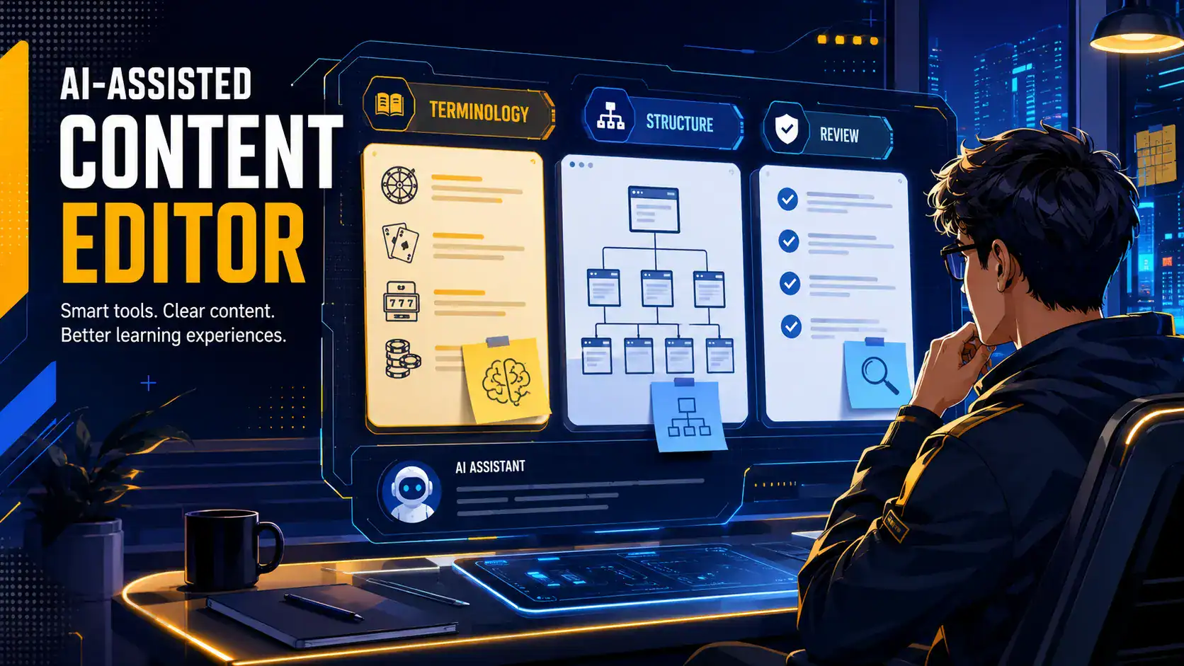 AI-assisted editor displaying educational casino site cursor and notes.