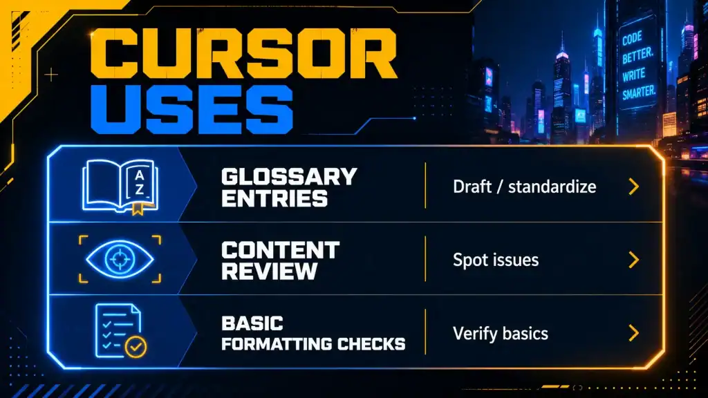 Structured comparison table showing Cursor uses for glossary entries, content review, and basic formatting checks.