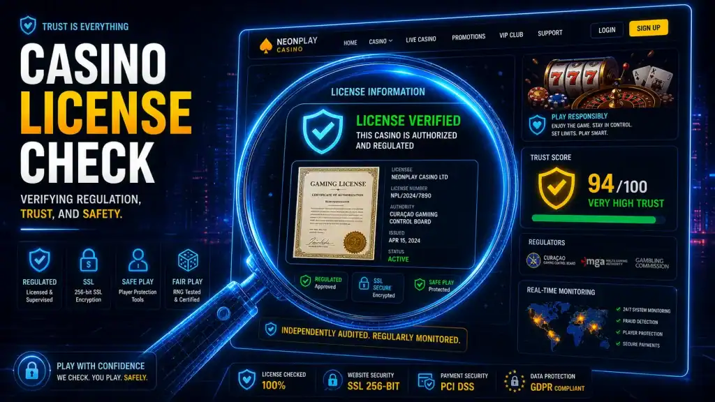 Magnifying glass checking online casino license information