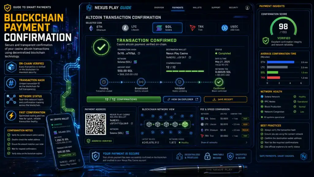 Blockchain transaction confirmation for casino altcoin payment
