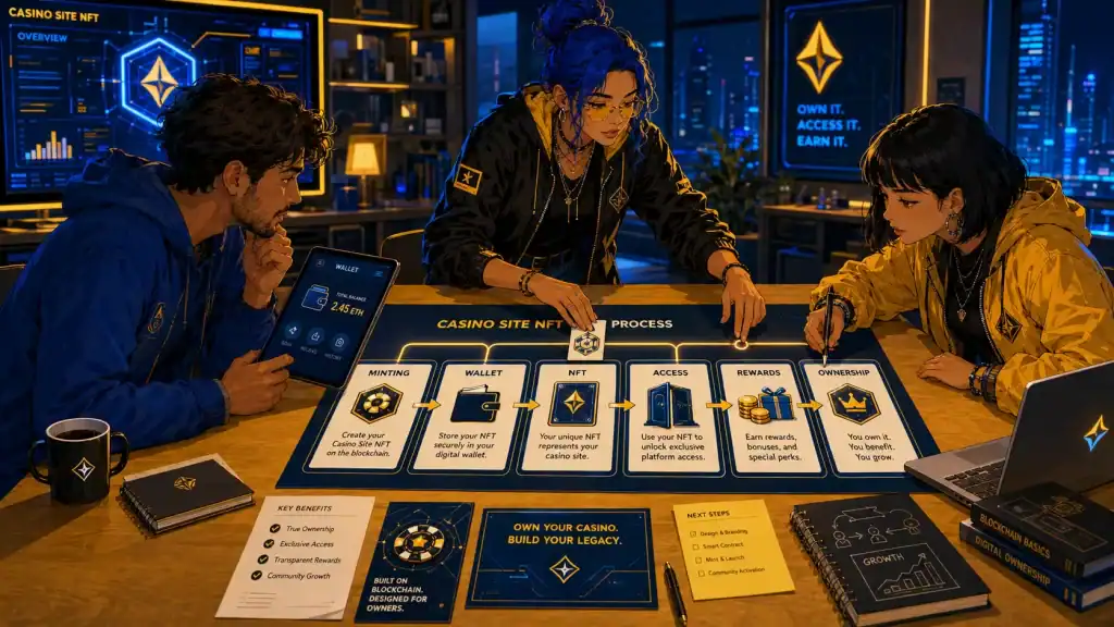 Three people collaborate in a modern workspace to map the Casino Site NFT process