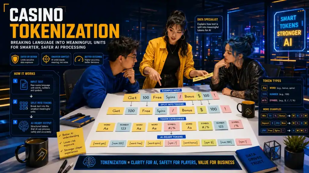 A focused data specialist explains tokenization to two colleagues using color-coded paper strips