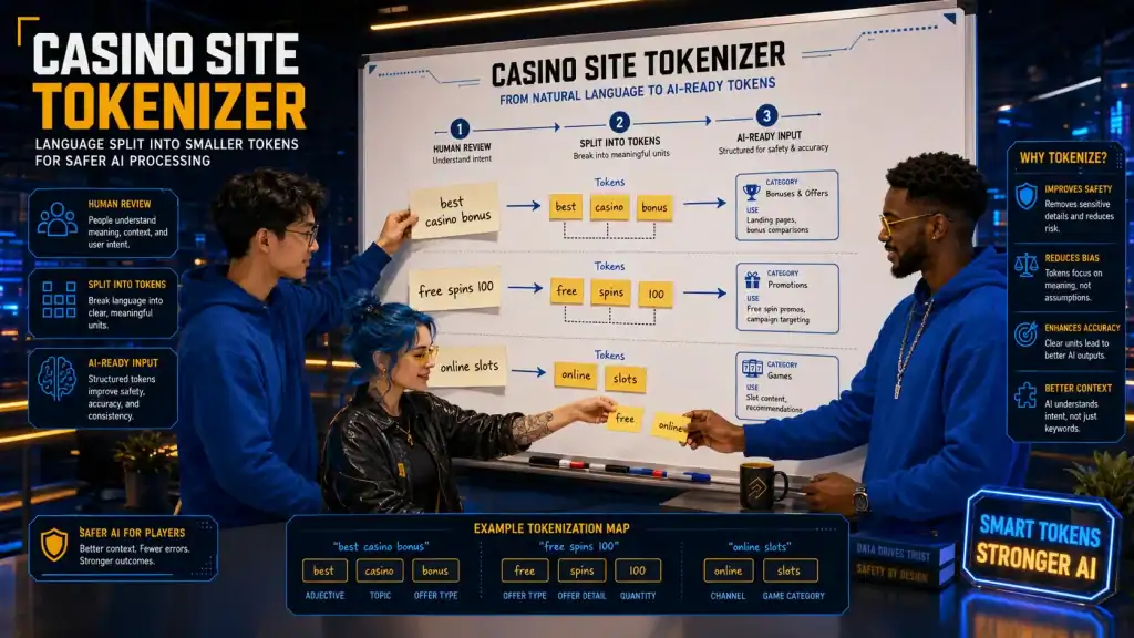 Three analysts collaborate beside a whiteboard, passing handwritten notes from one person to another as each note is divided into smaller labeled pieces, showing the human-guided process behind a Casino Site Tokenizer.