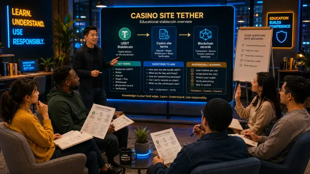 A small classroom-style workshop shows an instructor explaining Casino Site Tether to attentive learners seated in a semicircle