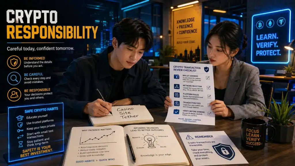 A person carefully writes “Casino Site Tether” in a notebook while a colleague beside them checks a printed checklist about wallet addresses