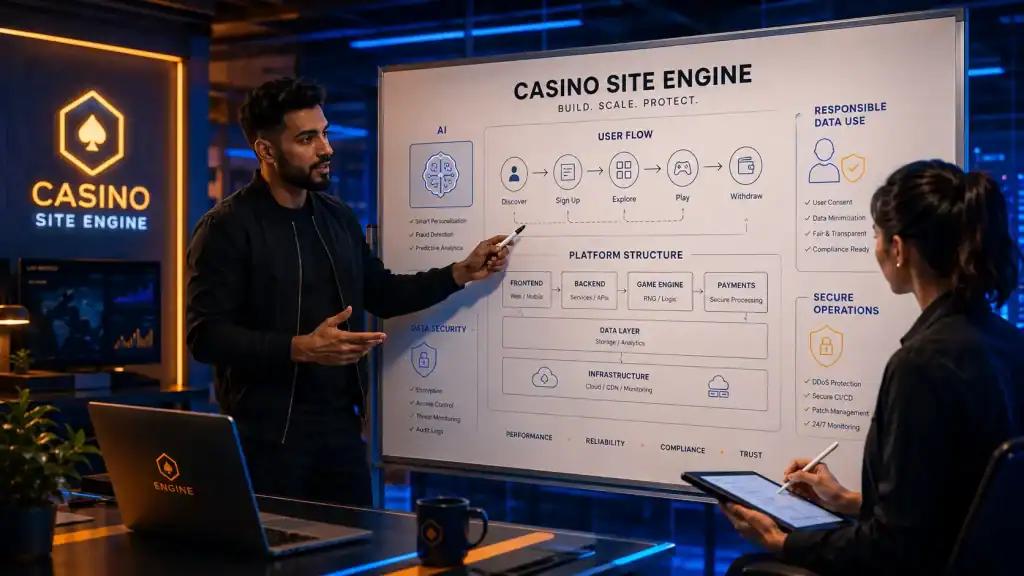 Casino Site Engine concepts on a whiteboard while the other takes careful notes,