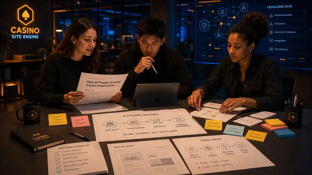 A calm knowledge-base editorial team reviews a Casino Site Engine article before publication