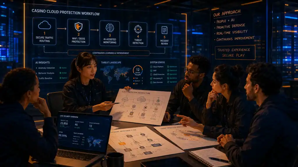 A cybersecurity analyst explains Casino site cloud protection methods to a small group of team members in a modern office