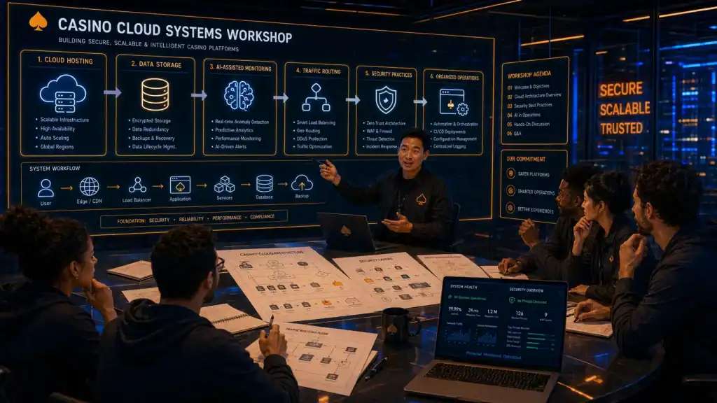 A cloud technology trainer leads a workshop about Casino site cloud systems