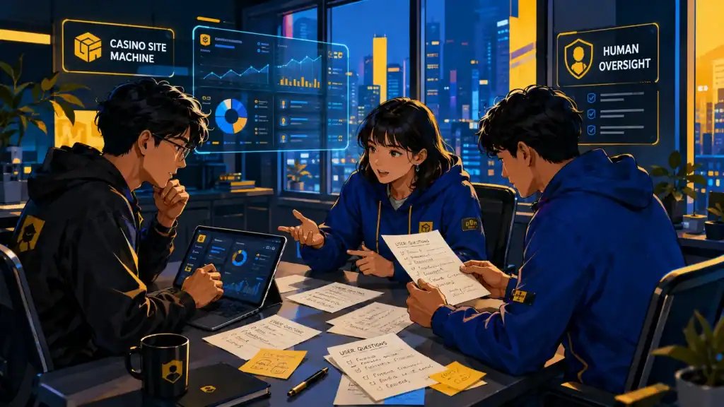 Two website administrators sit beside a support specialist in a bright office, carefully discussing Casino Site Machine