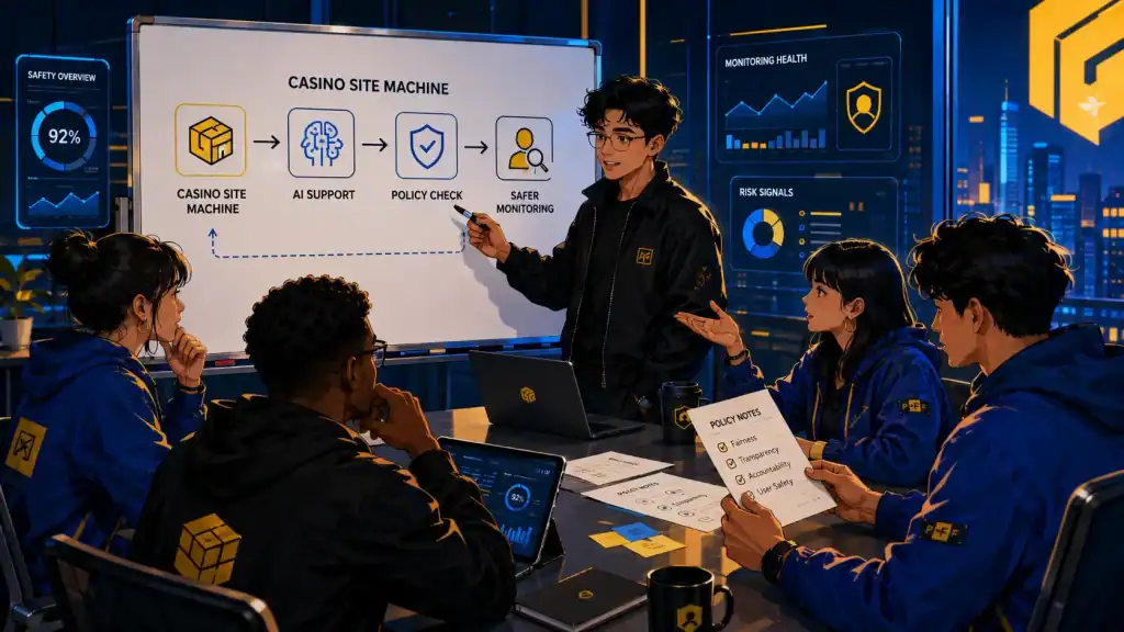 A diverse digital operations team reviews a Casino Site Machine process