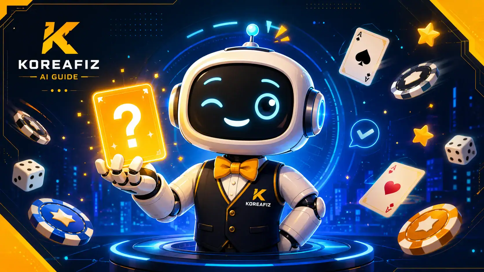 Cartoon AI guide wearing a neat dealer vest, holding a glowing question card while friendly casino site agent themed symbols float around it.