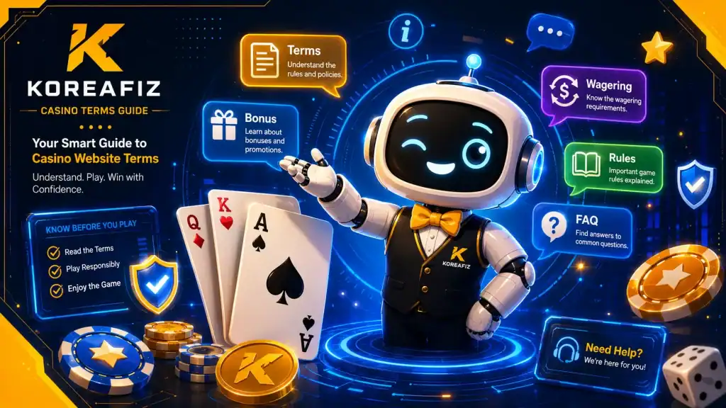 Cheerful robot assistant standing beside oversized playing cards and coins, explaining casino site agent website terms with speech bubbles and colorful icons.