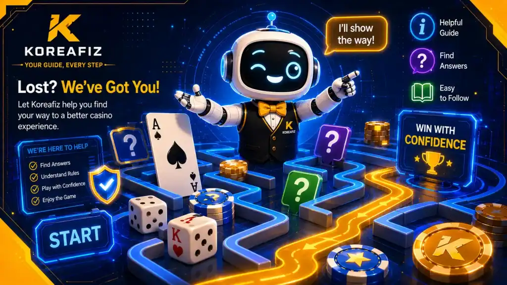 Friendly digital helper shaped like a small mascot, guiding confused visitors through a playful maze of dice, cards, and question marks.