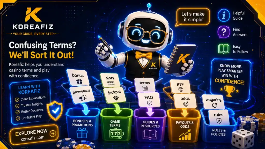AI character with glasses and a notebook, sorting casino-related words into clear labels under bright educational spotlights.