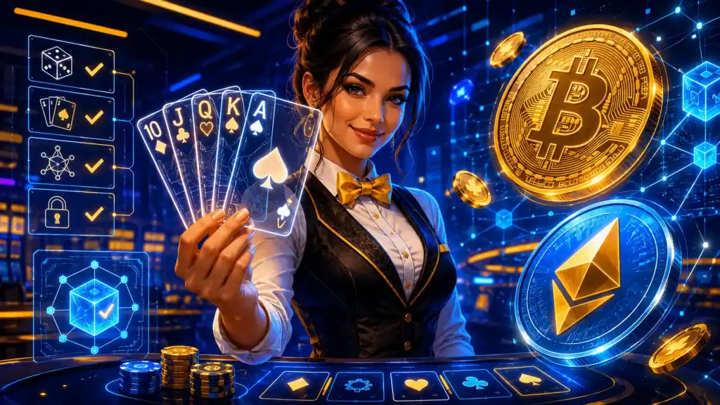A professional dealer holding transparent cards beside oversized crypto coins, showing how casino site decentralized systems use visible rules.