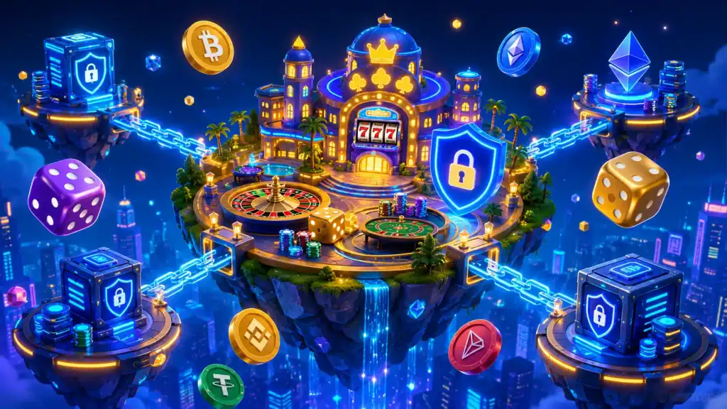 Playful digital casino island connected by blockchain bridges, with colorful tokens, dice, and shield icons symbolizing secure access.