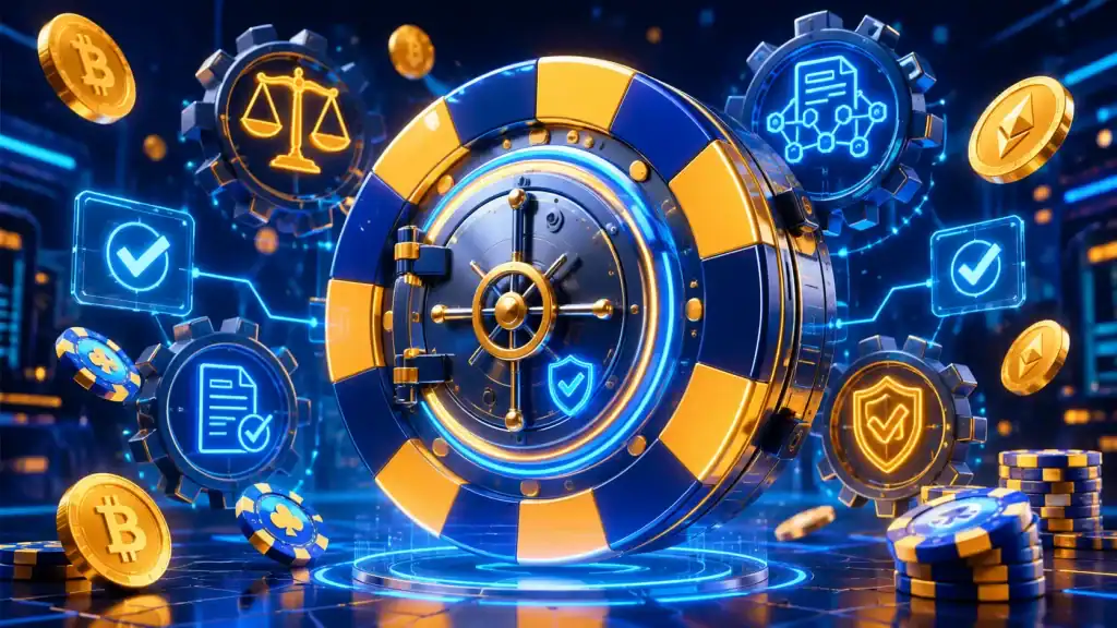 casino chip, surrounded by smart contract gears, crypto coins, and fairness symbols.